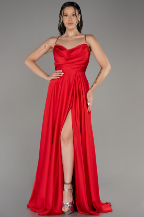 Red Slit Long Satin Prom Dress ABU4017