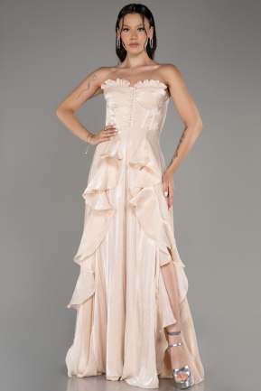 Beige Strapless Slit Long Chiffon Prom Dress ABU4012
