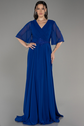 Sax Blue Short Sleeve Plus Size Long Chiffon Evening Dress ABU3991