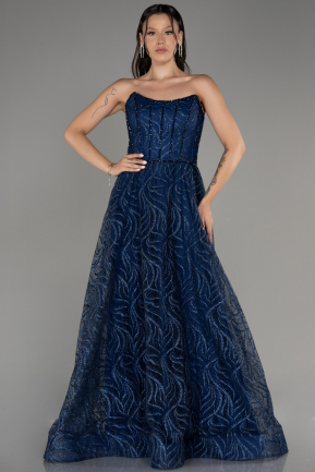 Navy Blue Strapless Long Silvery Ball Gown ABU4006