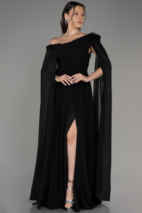 Black Slit Shawl Long Chiffon Plus Size Evening Dress ABU4002