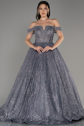 Anthracite Off The Shoulder Long Silvery Ball Gown ABU4010