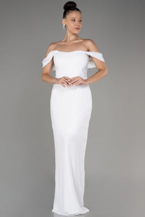 White Shoulder Low Cut Long Sequin Plus Size Evening Dress ABU3919