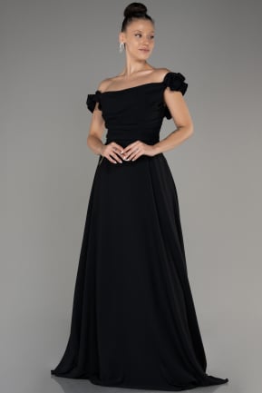 Black Boat Neck Long Chiffon Plus Size Evening Dress ABU4026