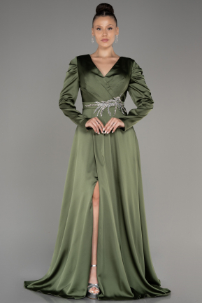 Olive Drab Long Sleeve Satin Plus Size Evening Dress ABU3941
