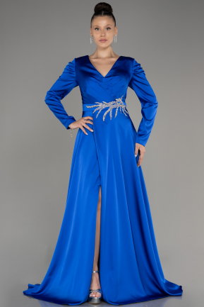 Sax Blue Long Sleeve Satin Plus Size Evening Dress ABU3941