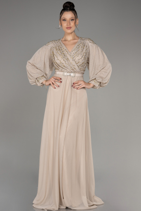Beige Stoned Long Sleeve Plus Size Evening Dress ABU4035