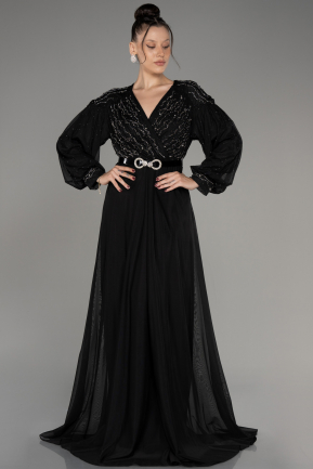 Black Stoned Long Sleeve Plus Size Evening Dress ABU4035