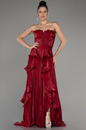 Burgundy Strapless Slit Long Chiffon Prom Dress ABU4012