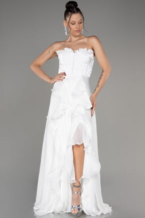 White Strapless Slit Long Chiffon Prom Dress ABU4012