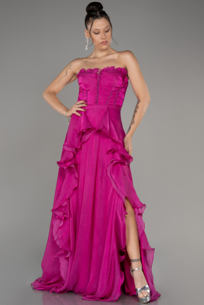 Fuchsia Strapless Slit Long Chiffon Prom Dress ABU4012