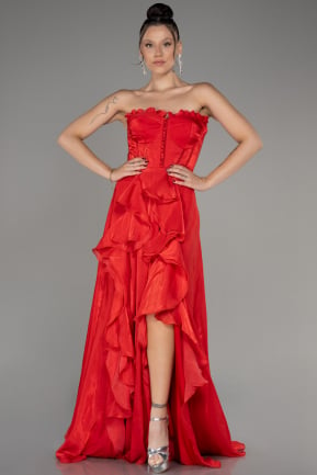 Red Strapless Slit Long Chiffon Prom Dress ABU4012