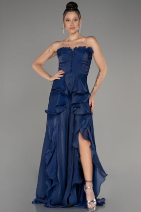 Navy Blue Strapless Slit Long Chiffon Prom Dress ABU4012