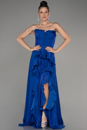 Sax Blue Strapless Slit Long Chiffon Prom Dress ABU4012