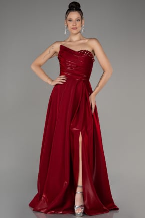 Burgundy Strapless Slit Long Prom Dress ABU4036