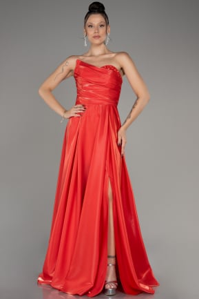 Coral Strapless Slit Long Prom Dress ABU4036