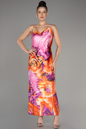 Orange Cowl Neck Patterned Midi Chiffon Prom Dress ABK2105