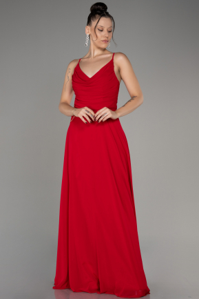 Red Cowl Neck Long Chiffon Evening Dress ABU4041