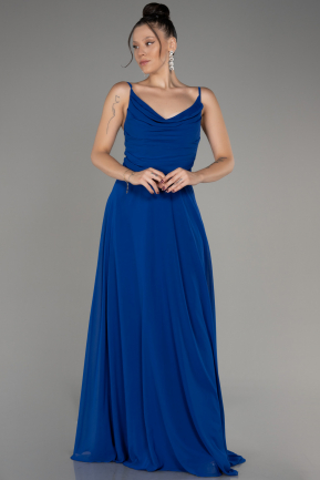 Sax Blue Cowl Neck Long Chiffon Evening Dress ABU4041