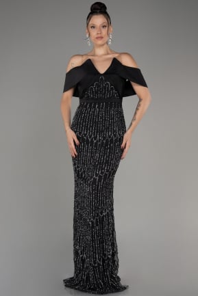Black Boat Neck Stone Evening Gown ABU4047