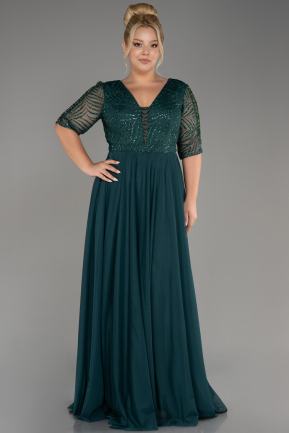Emerald Green Glittery Short Sleeve Long Plus Size Evening Dress ABU3844