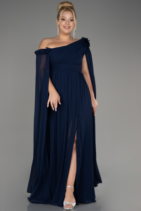 Navy Blue Slit Shawl Long Chiffon Plus Size Evening Dress ABU4002