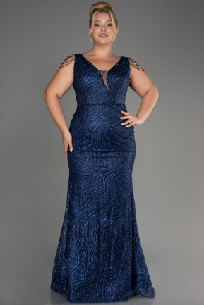 Navy Blue Silvery Long Special Design Plus Size Evening Gown ABU4056
