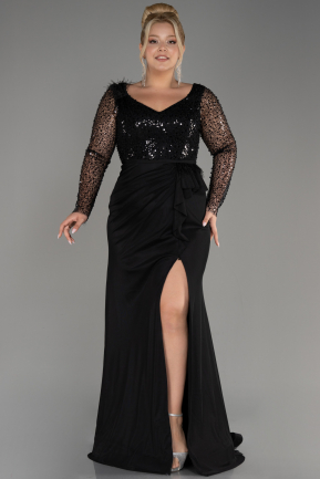Black Sequined Long Sleeve Slit Pus Size Evening Dress ABU3284