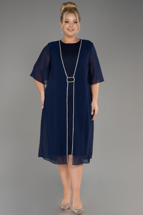 Navy Blue Short Sleeve Chiffon Midi Plus Size Evening Dress ABK2108