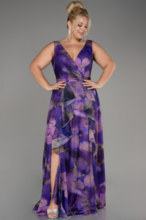 Purple Sleeveless Printed Chiffon Plus Size Prom Dress ABU4050