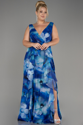 Sax Blue Sleeveless Printed Chiffon Plus Size Prom Dress ABU4050