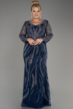 Navy Blue Long Sleeve Stone Guipure Plus Size Evening Gown ABU4052