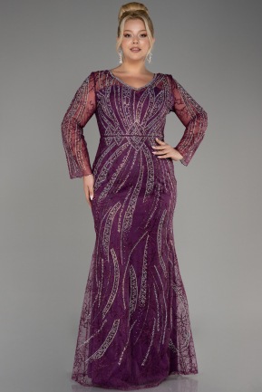 Plum Long Sleeve Stone Guipure Plus Size Evening Gown ABU4052