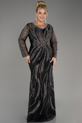 Black Long Sleeve Stone Guipure Plus Size Evening Gown ABU4052
