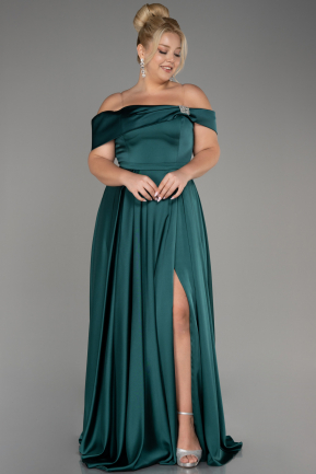 Emerald Green Boat Neck Satin Plus Size Evening Dress ABU4054