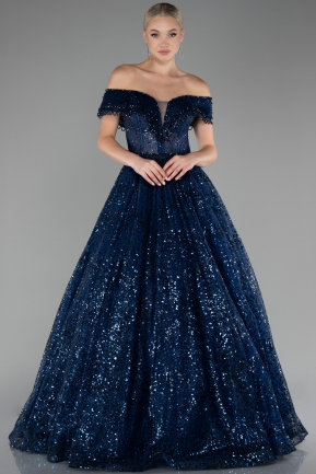 Navy Blue Off The Shoulder Special Design Ball Gown ABU4063