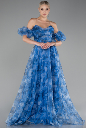 Blue Strapless Patterned Long Chiffon Prom Dress ABU4064