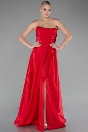 Red Strapless Slit Long Satin Prom Dress ABU4013