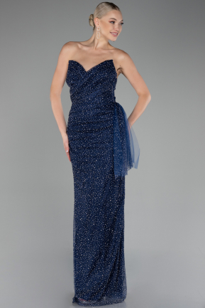 Navy Blue Strapless Stoned Long Evening Gown ABU4066