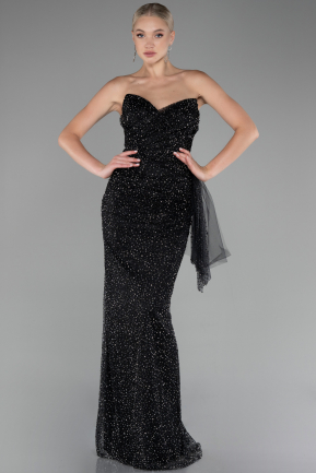 Black Strapless Stoned Long Evening Gown ABU4066