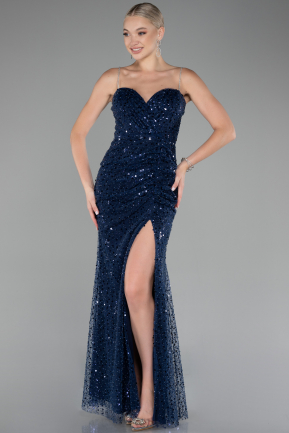 Navy Blue Slit Long Scaly Evening Gown ABU4058