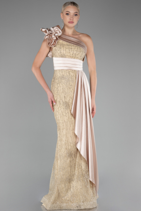 Gold One Shoulder Glitter Long Evening Gown ABU4059
