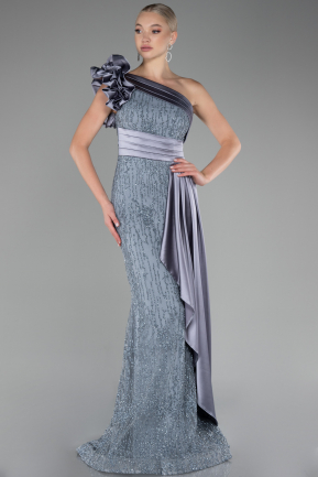 Grey One Shoulder Glitter Long Evening Gown ABU4059
