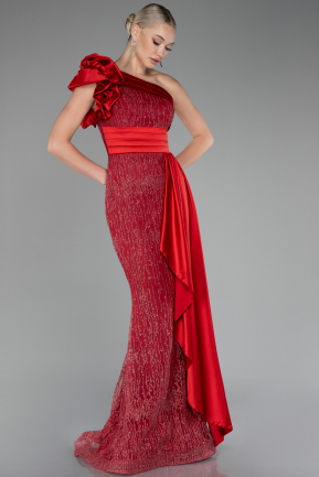 Red One Shoulder Glitter Long Plus Size Evening Gown ABU4060