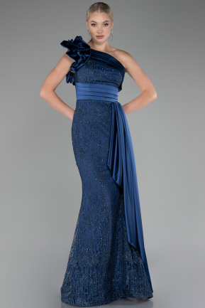 Navy Blue One Shoulder Glitter Long Evening Gown ABU4059