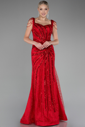 Red Stone Embroidered Long Special Design Evening Dress ABU4061