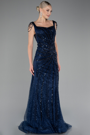 Navy Blue Stone Embroidered Long Special Design Evening Dress ABU4061