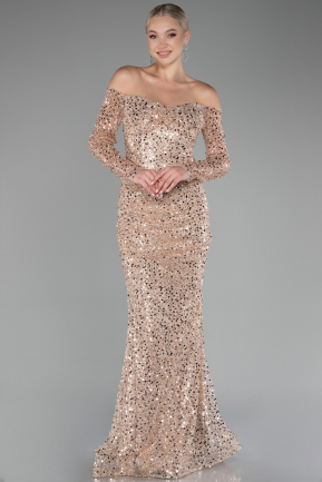 Gold Boat Neck Long Sleeve Sequined Evening Dress ABU3879
