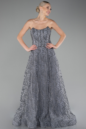 Grey Strapless Long Silvery Ball Gown ABU4006