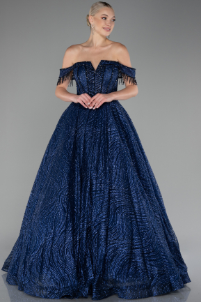 Navy Blue Off The Shoulder Long Silvery Ball Gown ABU4010